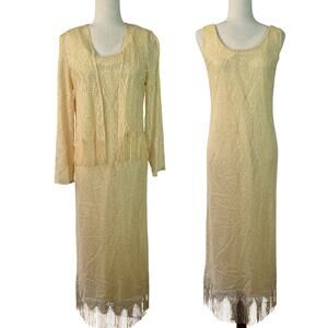 SiaSia New York USA Gold Metallic Lace Overlay Fringe Vintage Dress & Jacket S